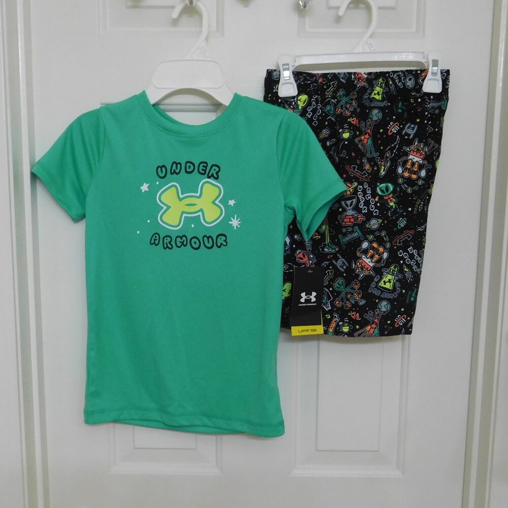 NWT 2pc Under Armour Green Logo Shirt & Alien Print Swim Shorts sz 7